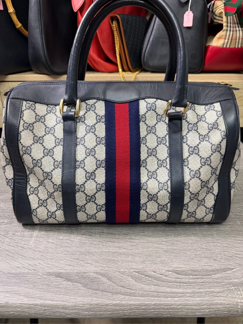 Gucci Vintage Boston Bag Navy Sherry Line with COA